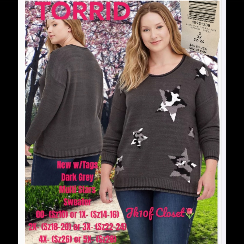 LOWEST🌺 NWT TORRID 1X or 5X GREY w/ STARS CREW NECK SWEATER